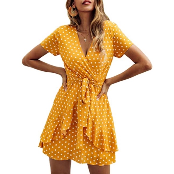 BTFBM Dresses & Skirts - BTFBM Mustard Dot A-Line Ruffle Wrap Style Dress